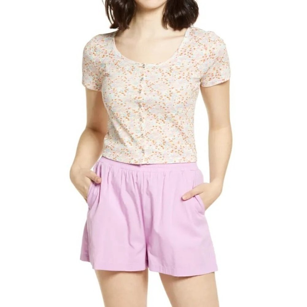 BP Ivory White Colorful Floral Button Front Short Sleeve T-Shirt M